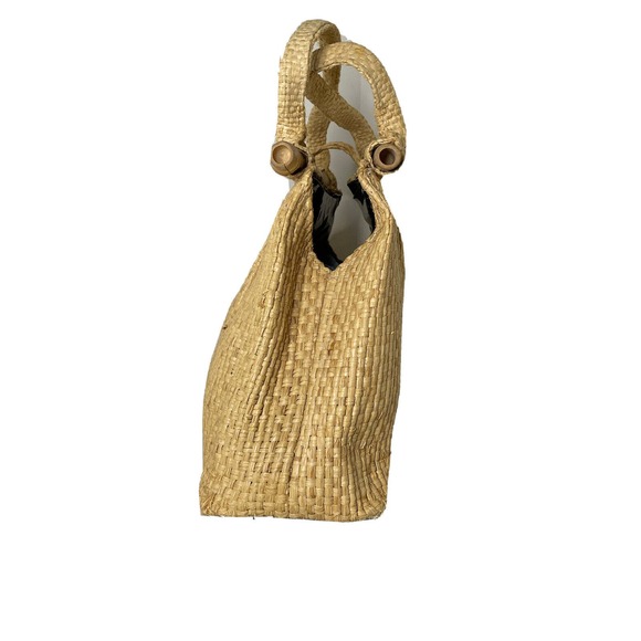 VTG Boho Mid-century Natural Straw Raffia Bag Tote Bamboo Accent Summer Beach - Picture 5 of 16